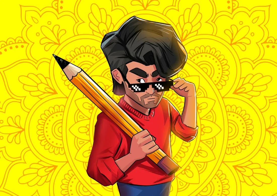 Pencil, Abishek's cartoon self, in shades with a giant pencil over his shoulder